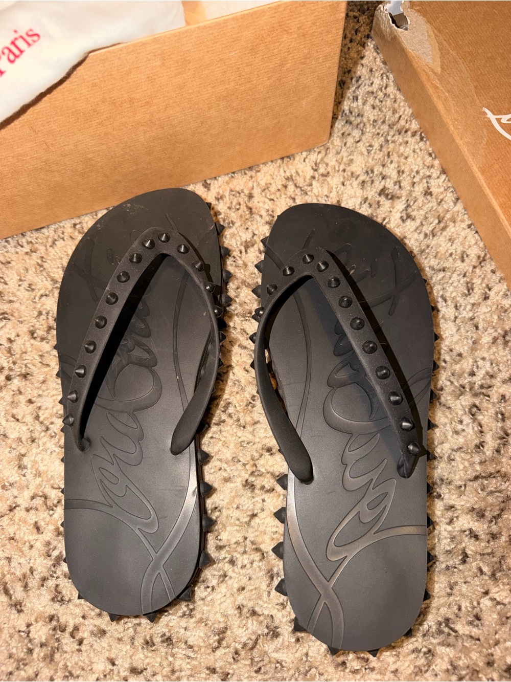Christian Louboutin Black Studded Rubber Flip Flops - Picture 1 of 3